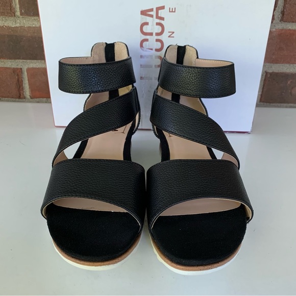 Lucca Lane Fifi Black Leather Strappy Wedge Sandals Size US 7 M - Picture 3 of 9